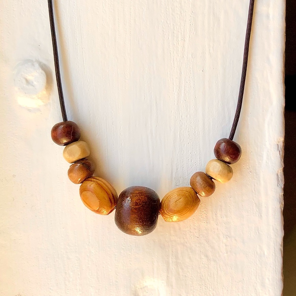 Earthy Granola Wood Beaded (Dark Brown) Boho Hippie Necklace/Choker - Picture 3 of 5